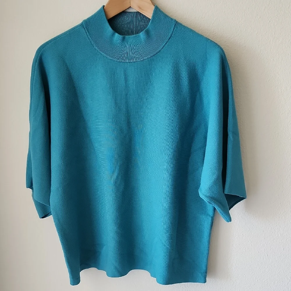 Chico's Teal Sweater Short Sleeve Mock Neck Wide Elbow Sleeves Sz L (2) Soft - Picture 6 of 16